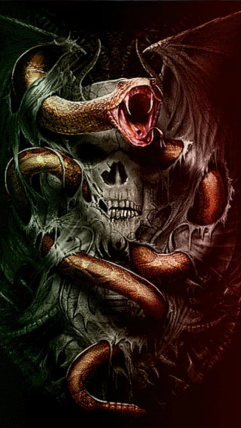 Decayed human skull entwined with a fanged green serpent and shadowy bat wings against a dark, moody background.