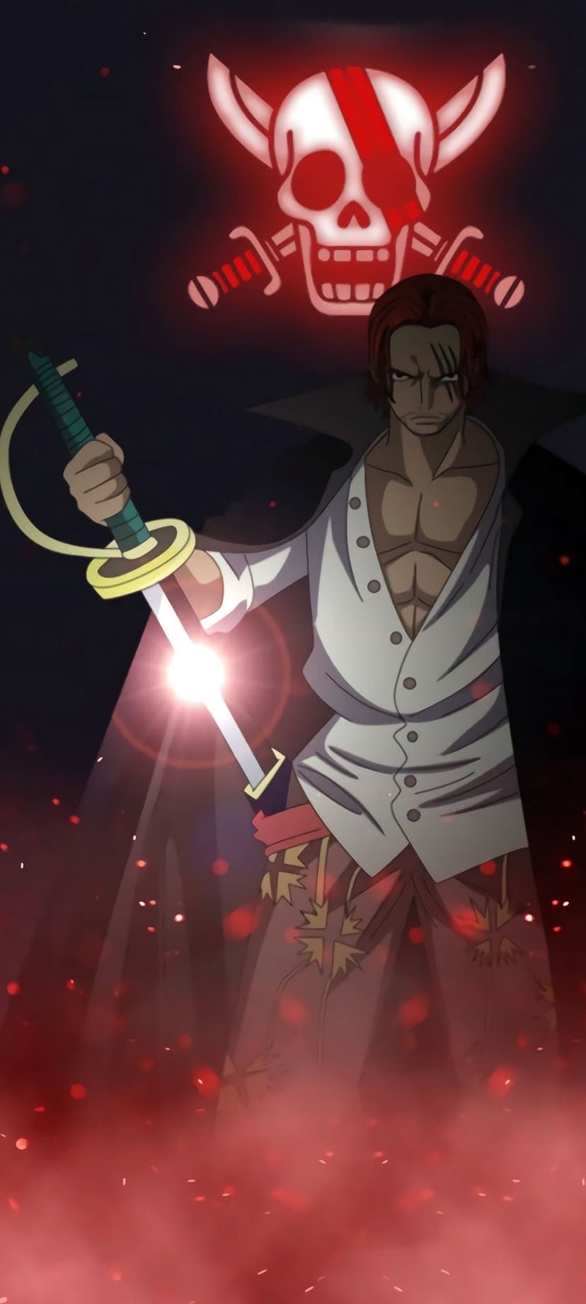 Shanks grips a glowing red katana before a skull-and-crossbones flag amidst swirling embers and dark shadows.