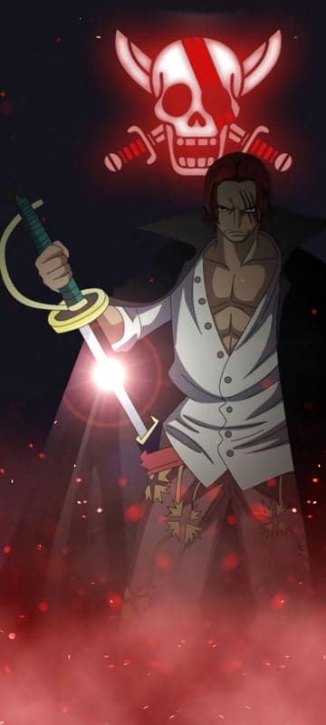 Shanks from One Piece with a glowing sword and Jolly Roger