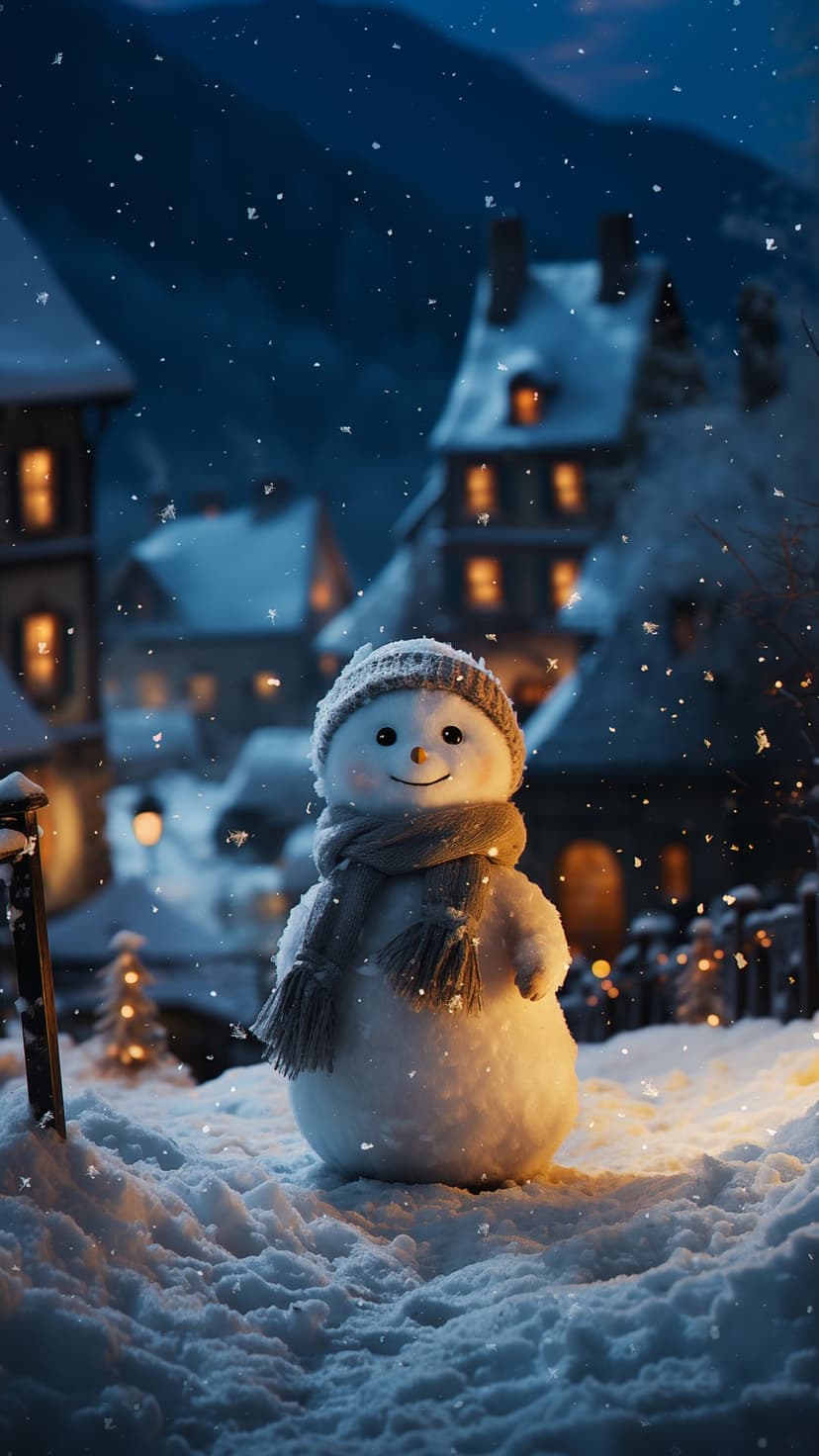 Cheerful snowman wearing a red scarf in a snowy village at night with glowing windows and falling snowflakes.