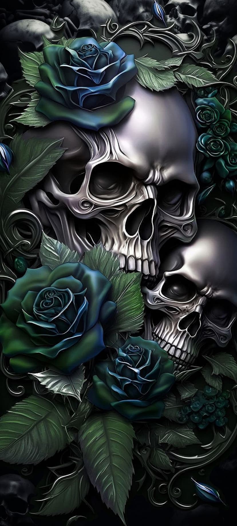 Metallic skulls nestled among teal roses and deep green foliage create a dark gothic floral composition.