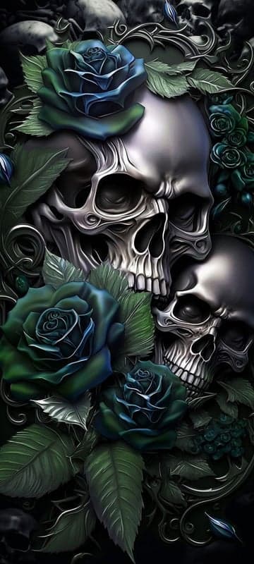 Gothic Skulls and Teal Roses Dark Fantasy Art