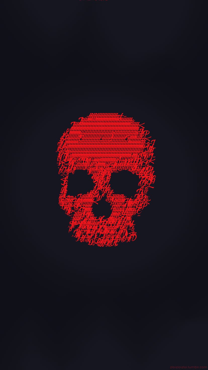 Red human skull formed by dense text characters centered on a solid black background for a high-contrast look.