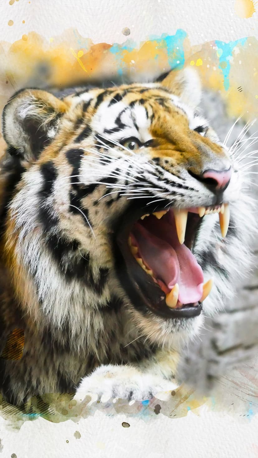 Roaring tiger with open jaws and sharp fangs surrounded by artistic yellow and blue watercolor paint splashes.