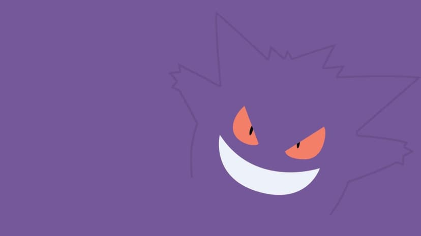 Minimalist Gengar face with glowing red eyes and a white grin against a purple silhouetted background.