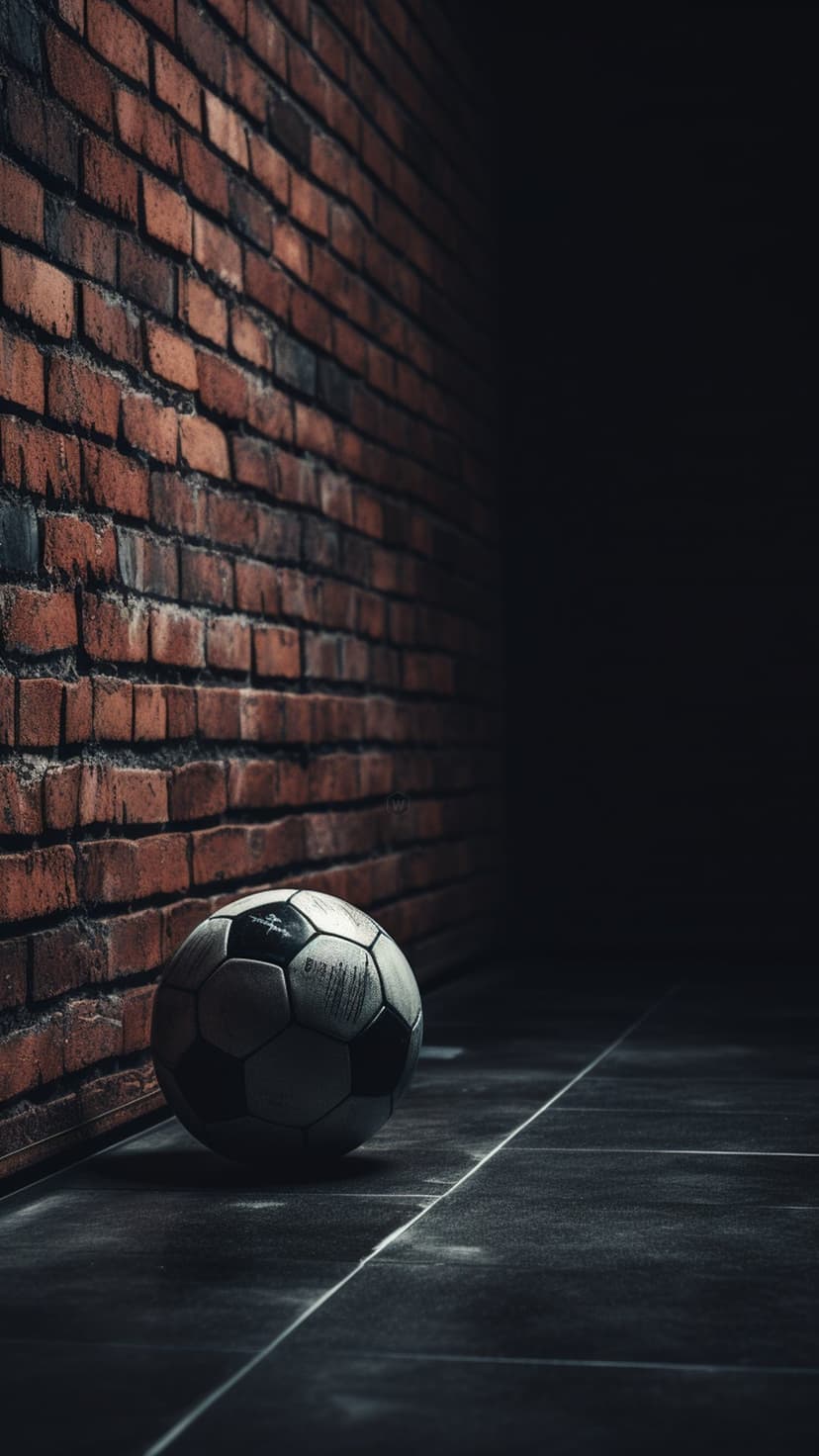 Weathered soccer ball leans against a dark textured brick wall in a dimly lit alley with dramatic shadows.