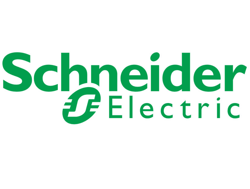 Schneider Electric logo featuring vibrant green sans-serif lettering and a geometric icon on a clear background.