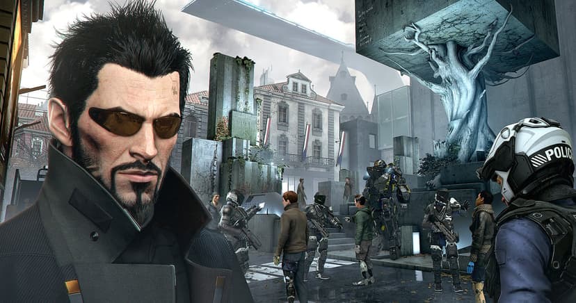 Adam Jensen in sunglasses stands before a futuristic city square with armored guards and a stone tree monument.