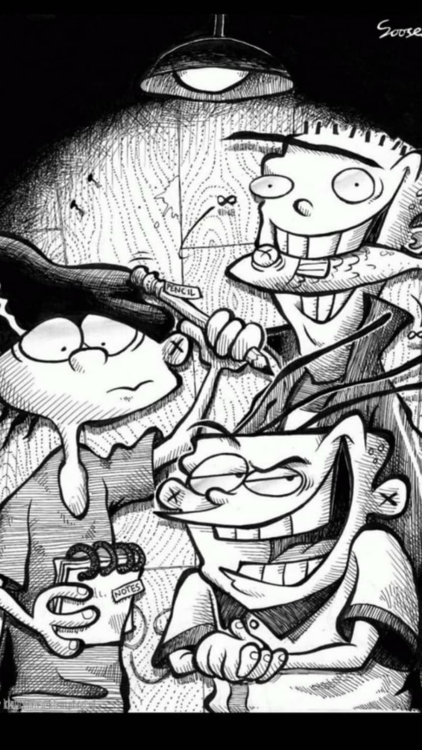 Ed, Edd, and Eddy stand together under a glowing hanging lamp in a dark room with heavy grayscale shadows.