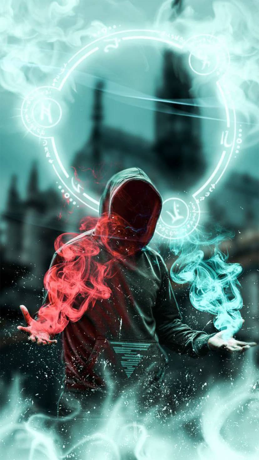 Hooded figure standing in ruins surrounded by red and blue smoke under a glowing ring of arcane symbols.