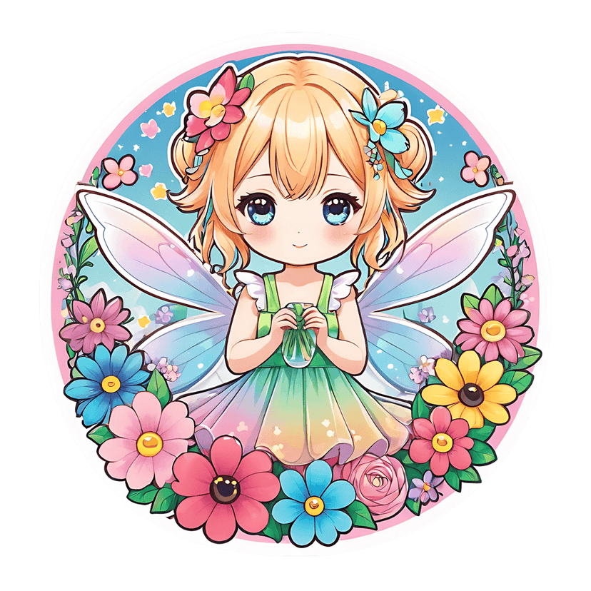 Chibi fairy sticker with blonde hair holding a leaf jar inside a floral wreath with a starry blue background.
