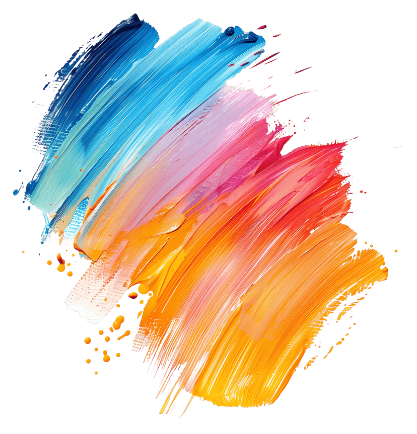 Multicolor paint strokes on canvas texture show thick acrylic layers with heavy impasto brushwork and bright hues.