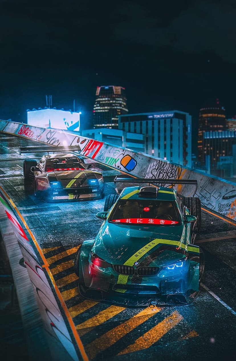 Two neon-lit sports cars speed past glowing skyscrapers and graffiti-covered walls on a dark Tokyo street.