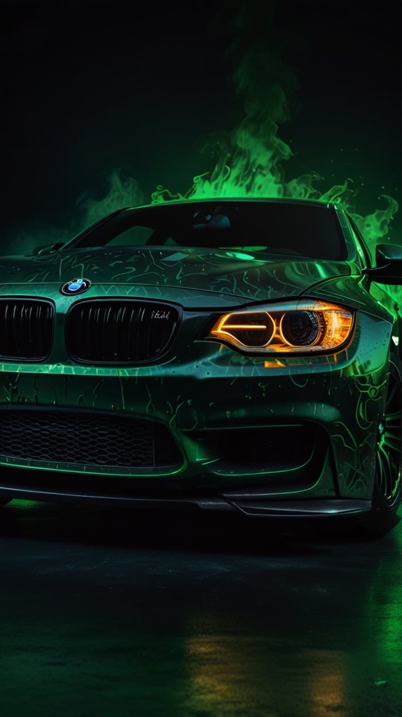 BMW M Performance car featuring neon green circuitry patterns and orange headlights surrounded by emerald smoke.