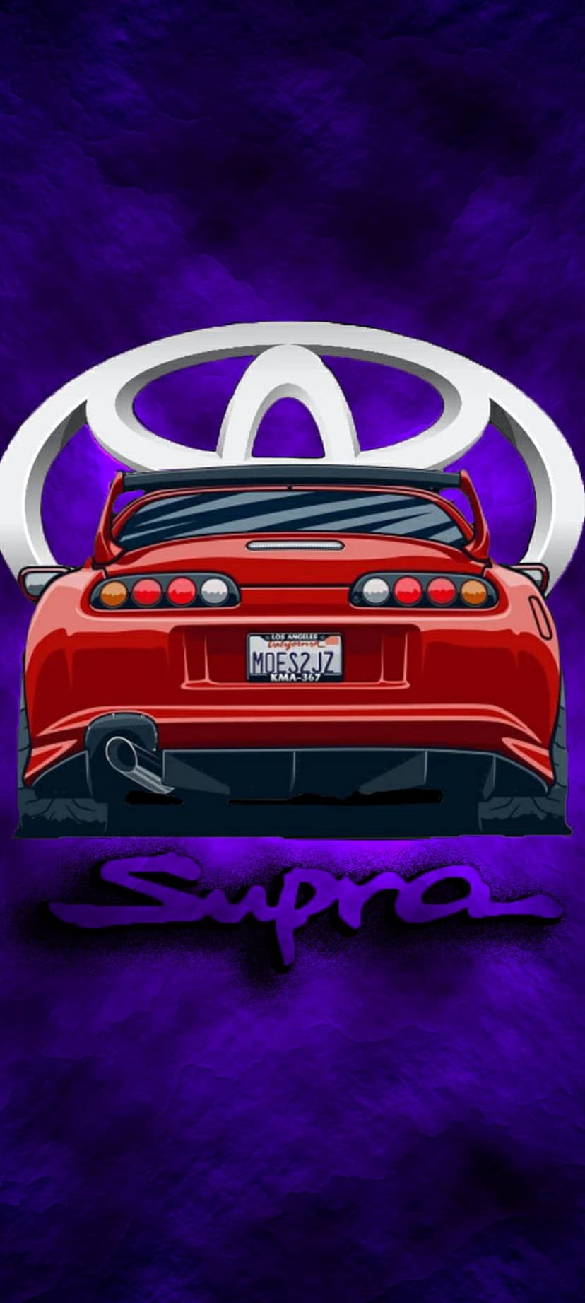 Red Toyota Supra rear view with a MOES2JZ plate and silver logo on a textured purple background with Supra text.