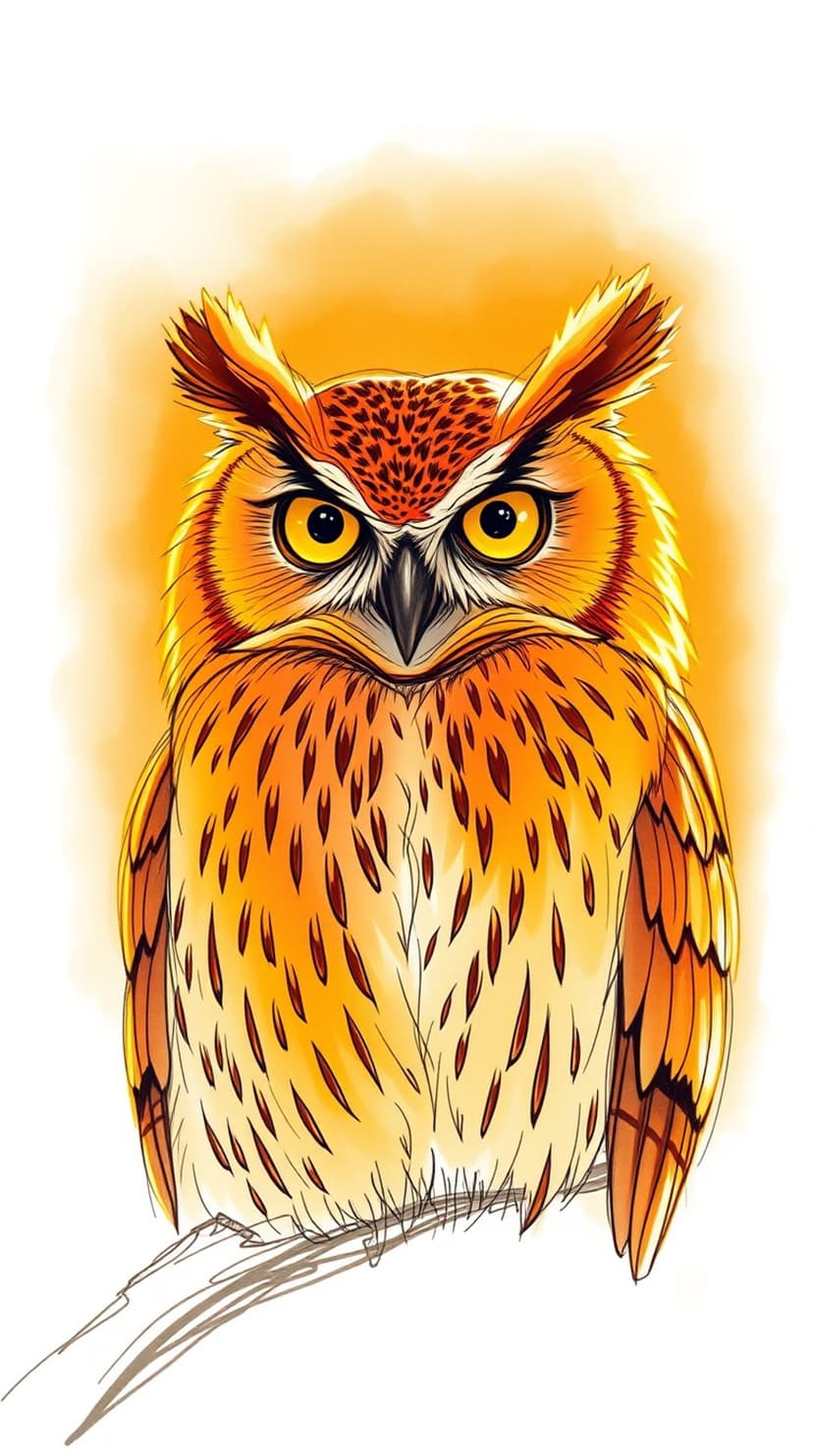Orange owl with glowing yellow eyes perches on a sketched branch against a soft warm gradient backdrop.