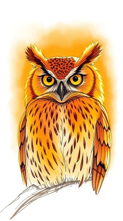 Vibrant Orange Owl Art on White Background