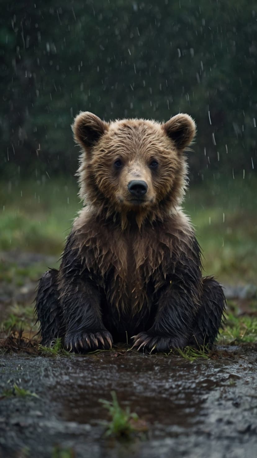 Fluffy brown bear cub with wet fur sits in a rainy forest with green foliage blurred in the background.