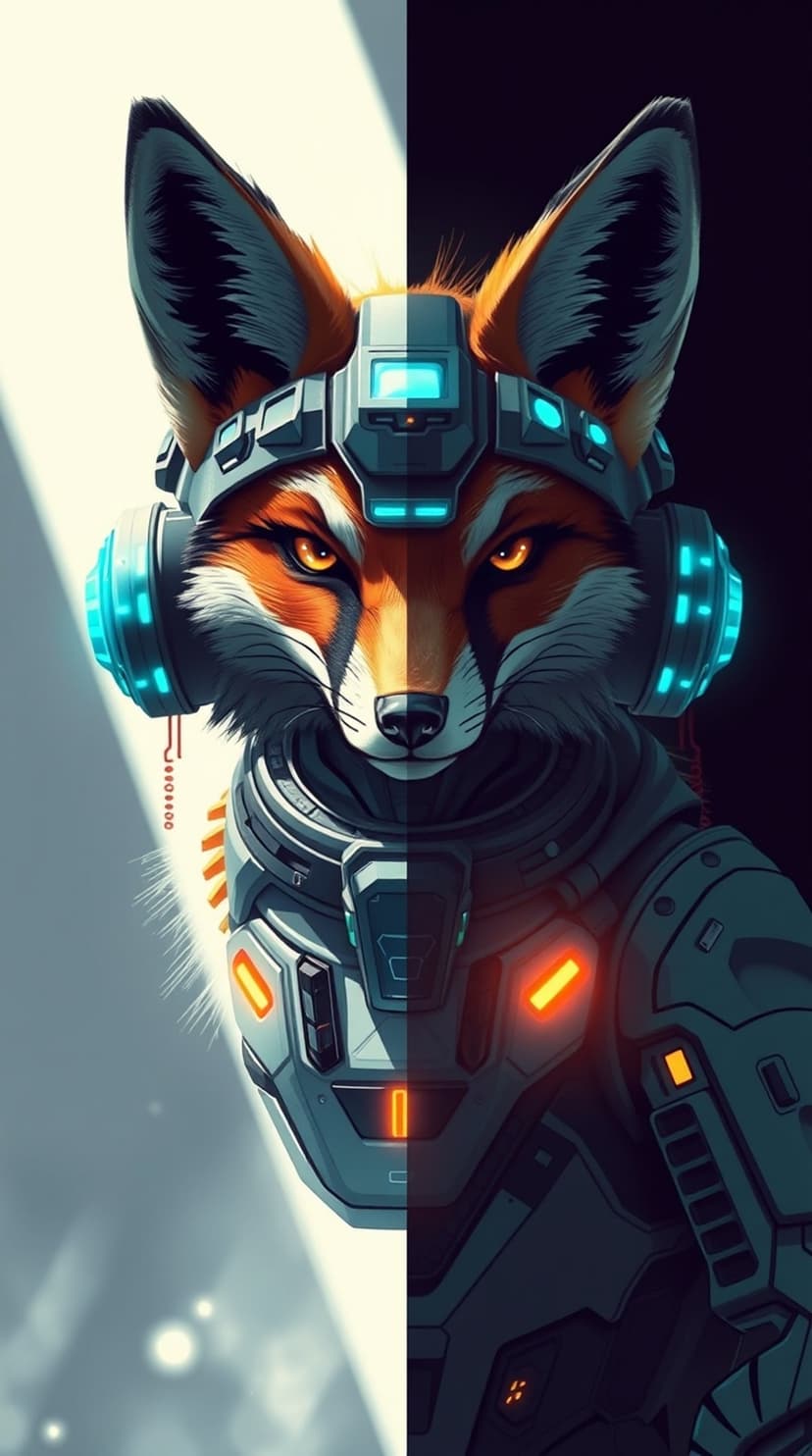 Cybernetic fox with amber eyes and glowing blue headphones wearing intricate metallic plates and techwear armor.
