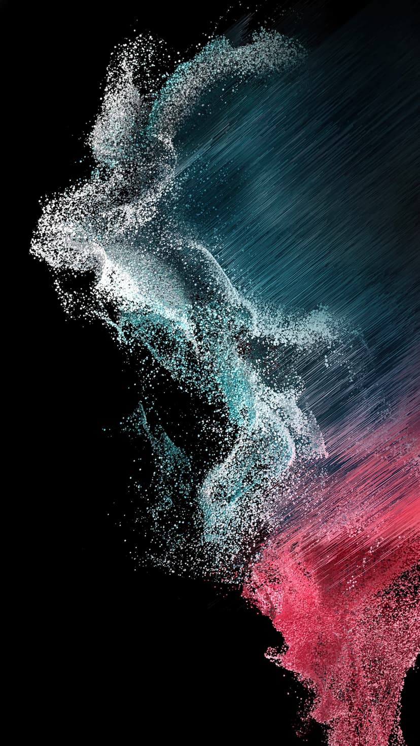 Teal and pink particle trails swirling in a dynamic spiral pattern against a deep, solid black backdrop.