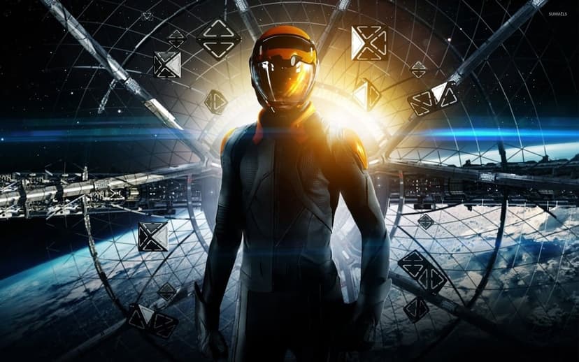 Astronaut in a black suit with an orange visor standing in a circular space station with floating geometric cubes.