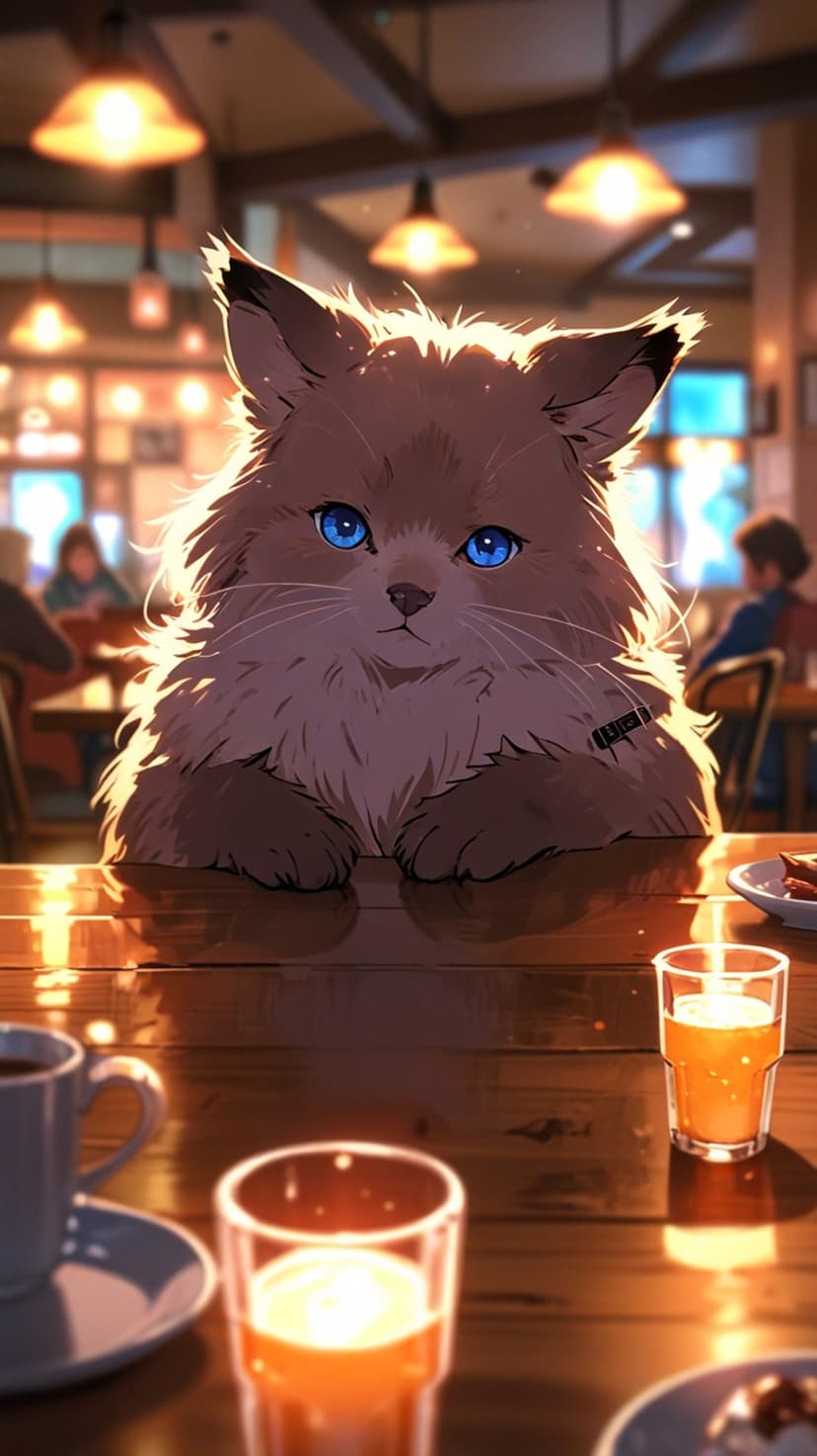 Fluffy cat with bright blue eyes sits by a coffee cup on a wooden table inside a cozy, warmly lit restaurant.