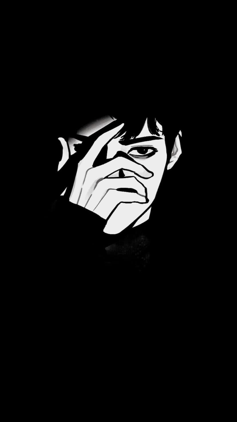 Anime character with dark hair covers their eyes with a pale hand against a solid black backdrop.