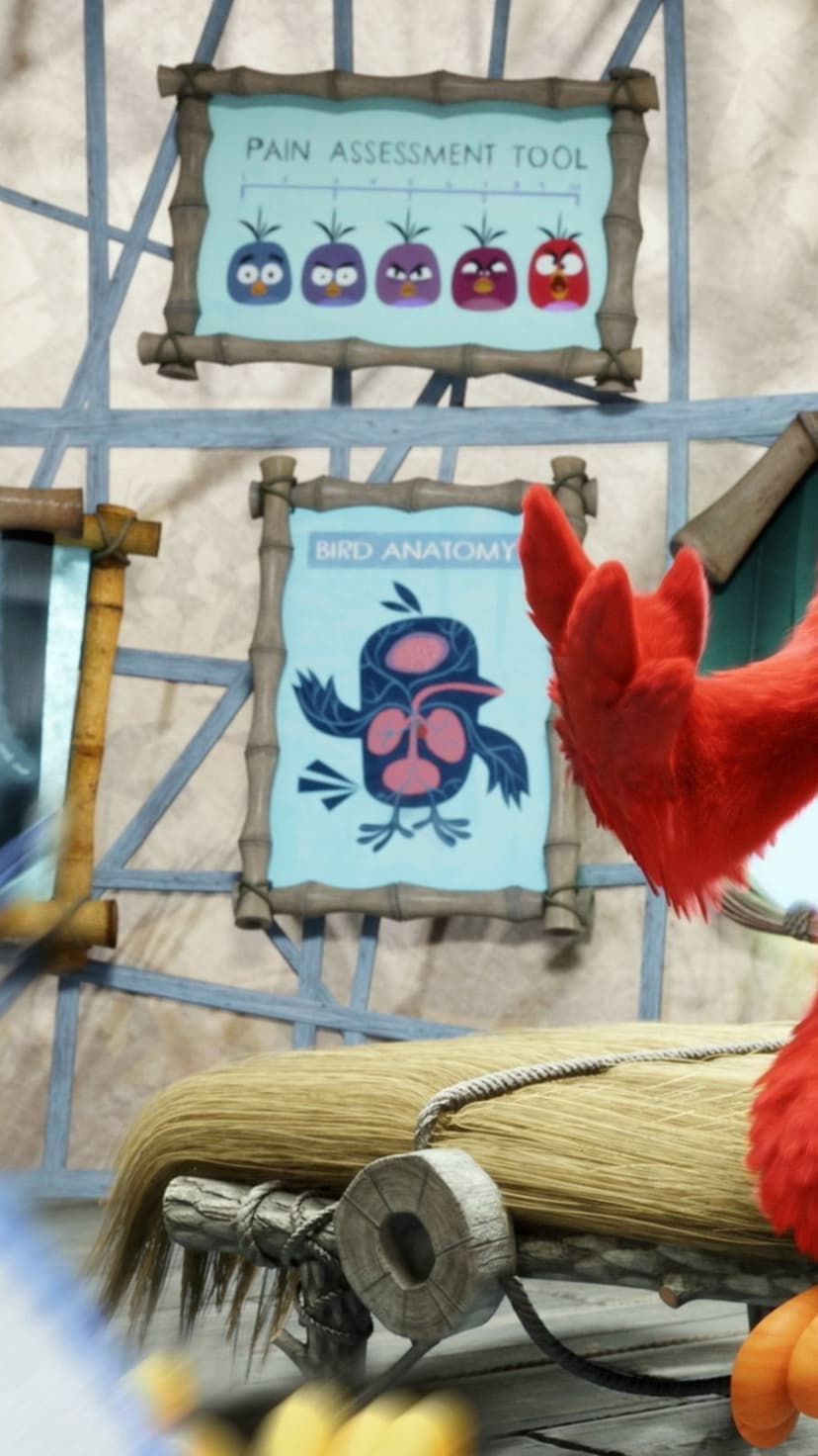 Red Angry Bird stands before a pain assessment chart and avian anatomy diagram in a wooden medical clinic.
