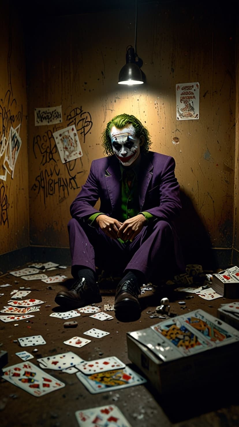 The Joker sits on a graffiti-covered floor with playing cards, wearing a purple suit and smeared white makeup.