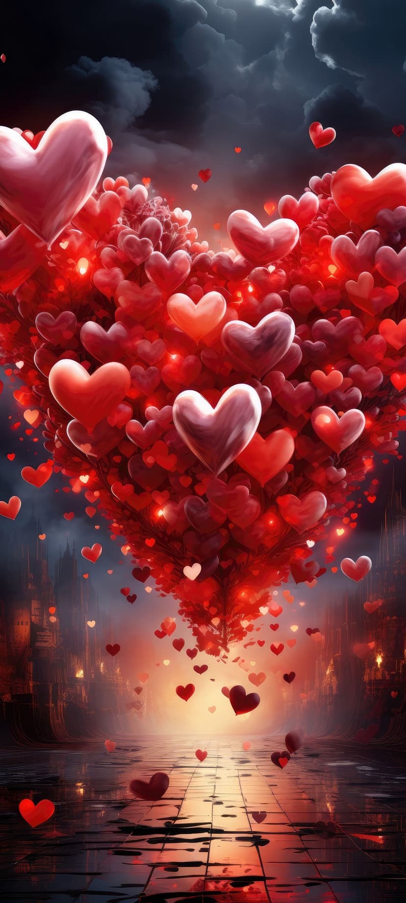 Red heart tree reflects on a wet surface beneath a cloudy sky with heart-shaped leaves falling through the air.
