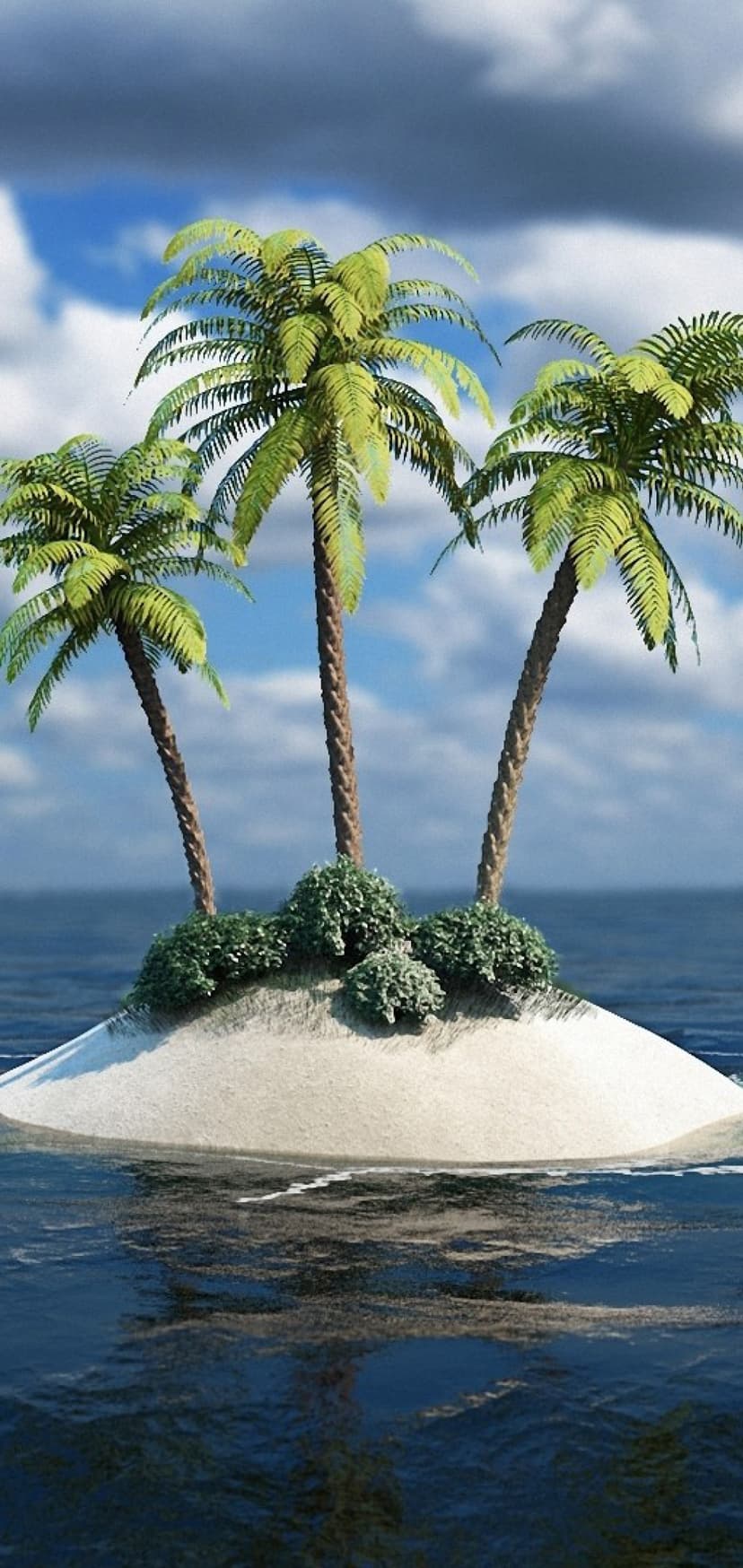 Three tall palm trees grow on a small white sand island surrounded by clear blue ocean water under a cloudy sky.