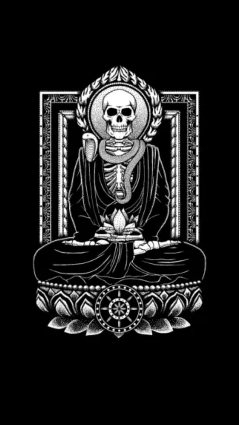 Skeleton Buddha in a meditative pose with a cobra around its neck holding a lotus flower on a dharma wheel base.
