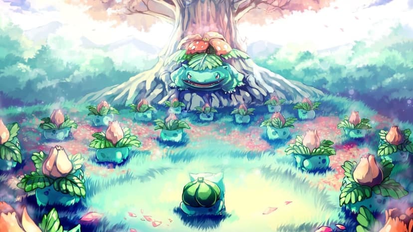 Venusaur sits under a pink blossom tree surrounded by Ivysaurs and a Bulbasaur in a lush sunlit meadow.