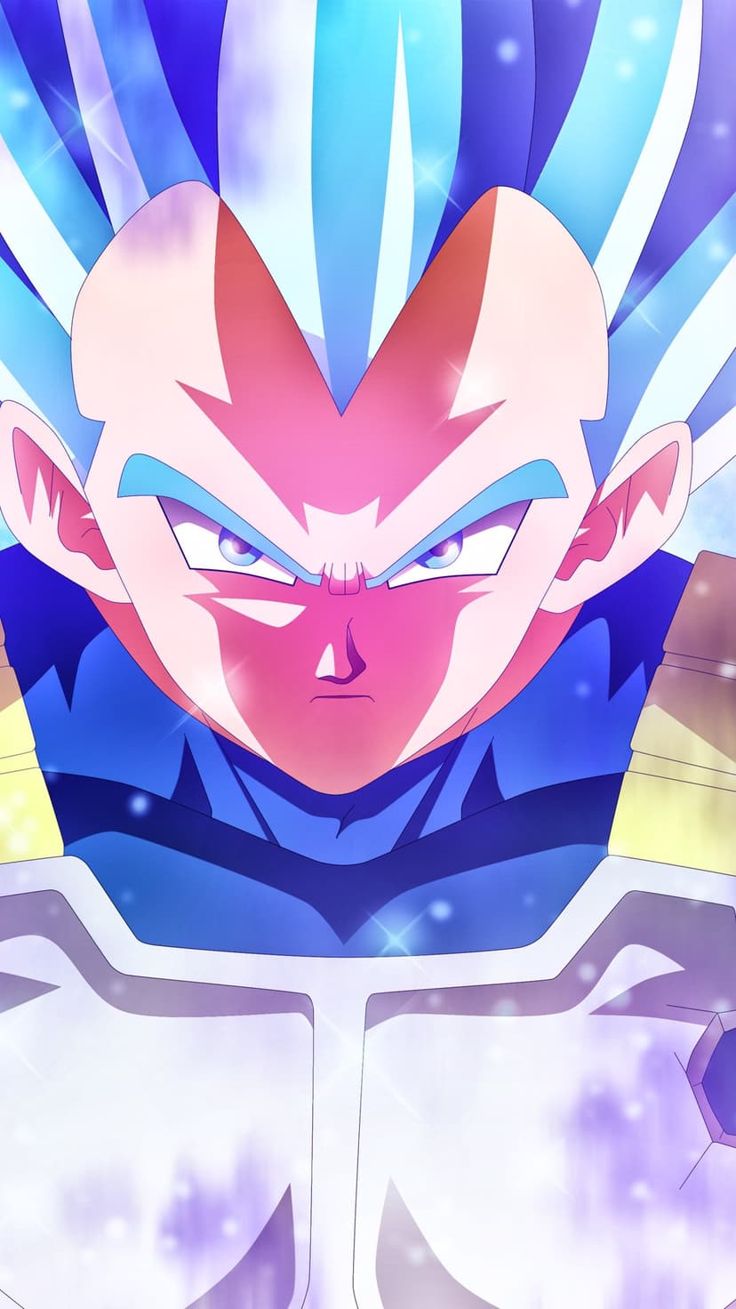 Vegeta in Super Saiyan Blue Evolved form with glowing blue hair, sharp eyes, and a sparkling sapphire aura.