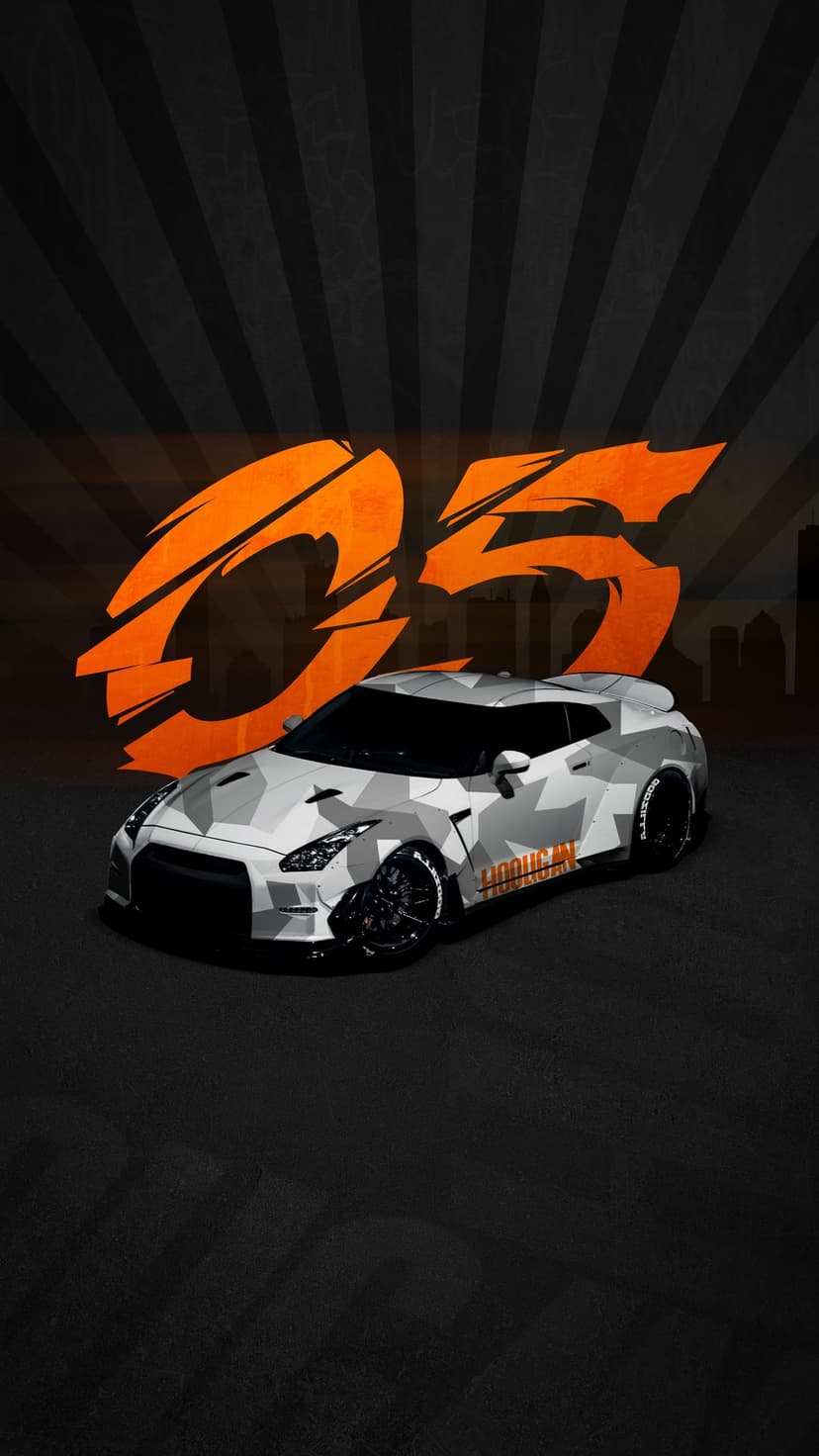 Nissan GT-R wagon with grey camo wrap parked on asphalt before an orange 05 graphic and radiating line background.
