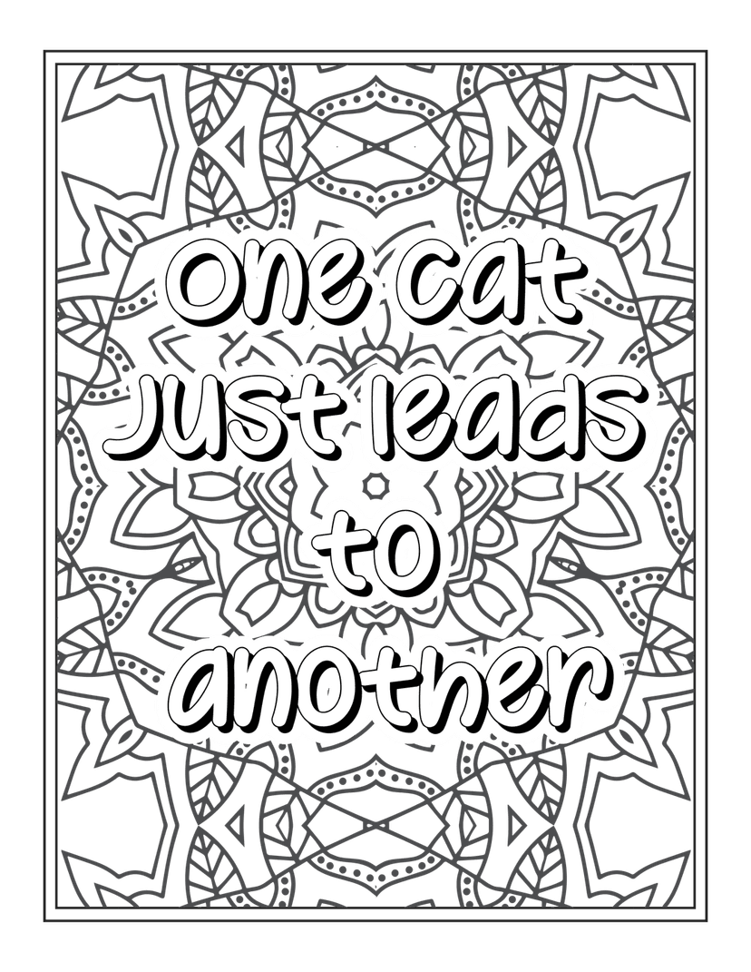 Cat quote typography features white 3D letters over a gray mandala background pattern in monochrome style.