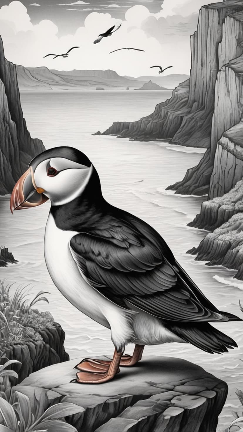 Atlantic puffin stands on a rocky cliff edge with flying gulls and ocean waves in a monochrome nature scene.