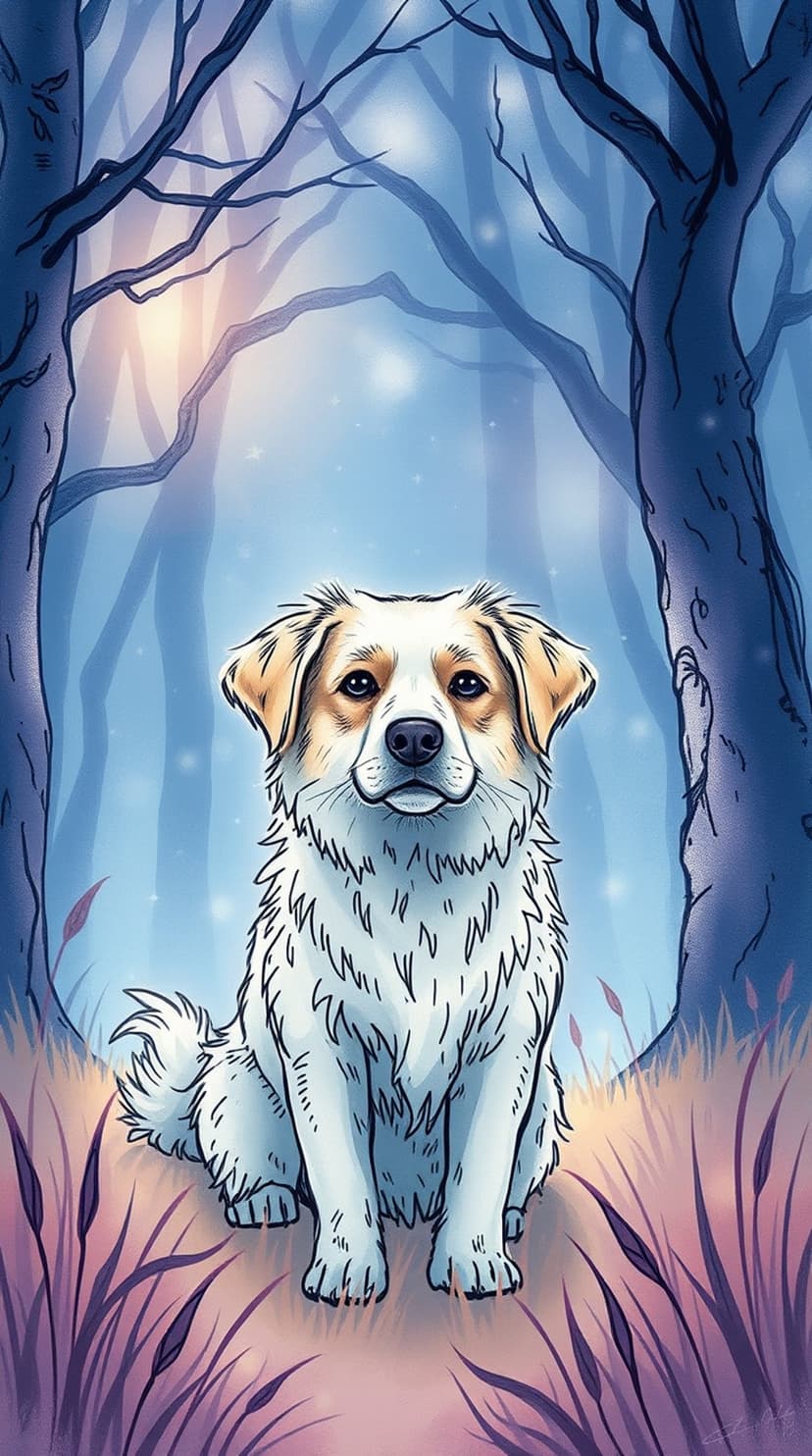 Fluffy white dog sitting in a purple misty forest at twilight with floating glowing orbs and silhouette trees.
