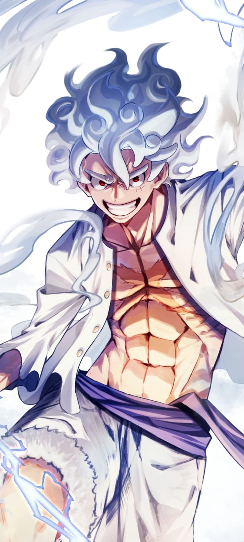 Luffy Gear 5 Nika form features white swirling hair, red eyes, and purple lightning against a vertical backdrop.
