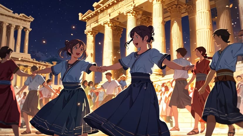 Dancers in tunics circle a glowing temple beneath a starry midnight sky during an ancient Greek festival.