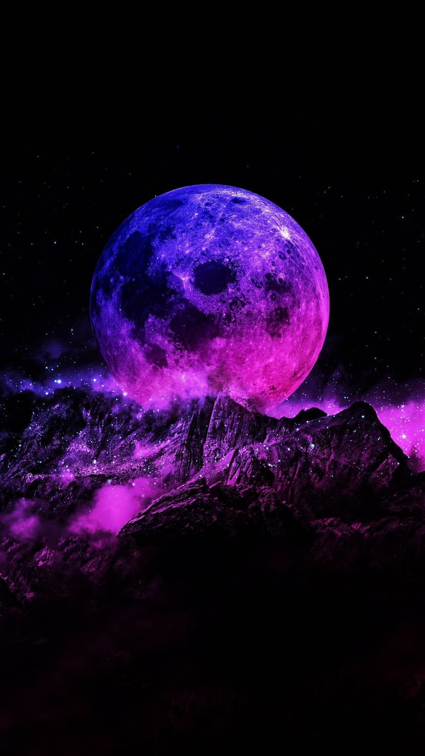 Magenta moon hangs over jagged purple mountains and misty valleys under a starry black sky in vertical view.