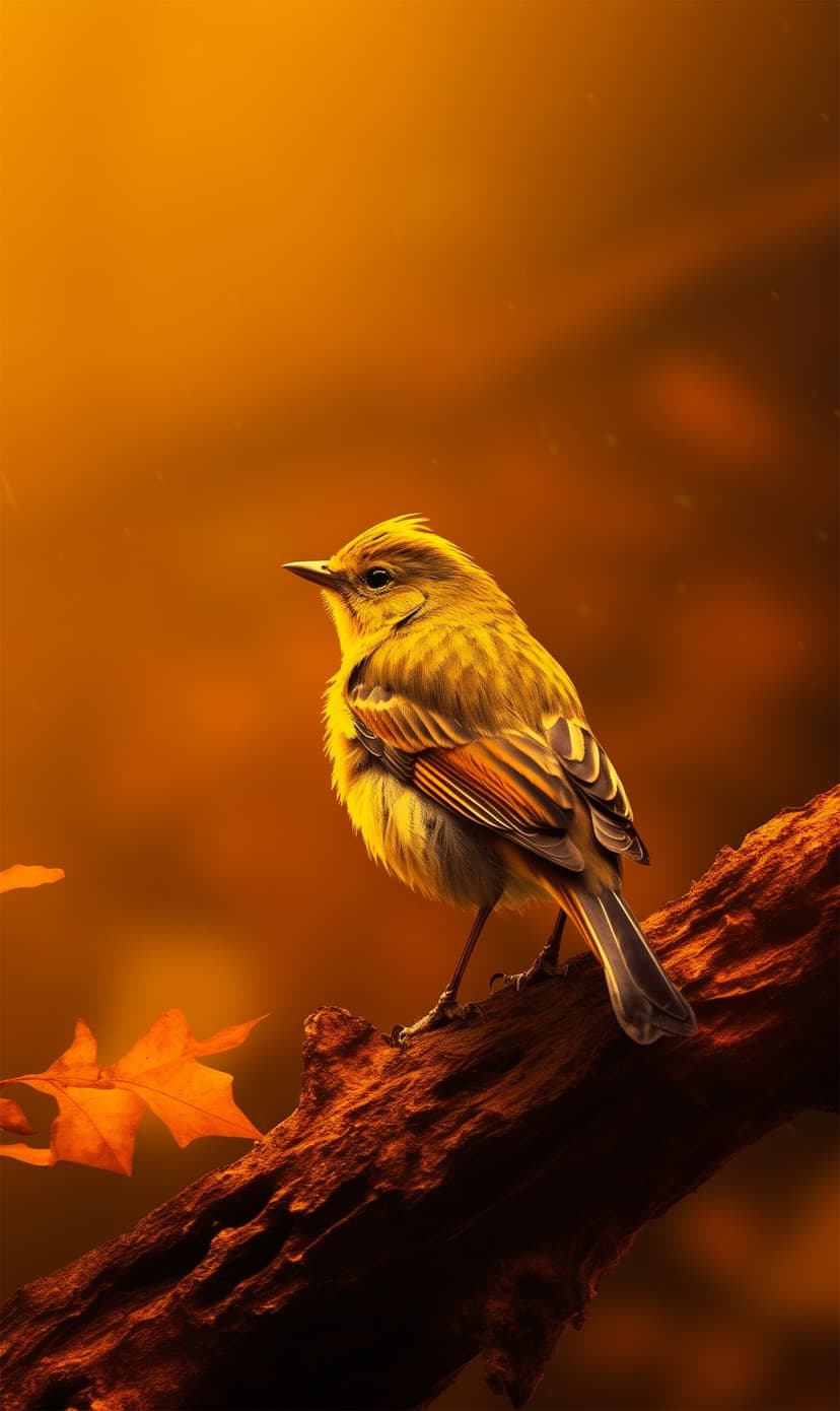 Golden bird perched on a reddish branch next to a fallen orange leaf against a blurry warm autumn background.