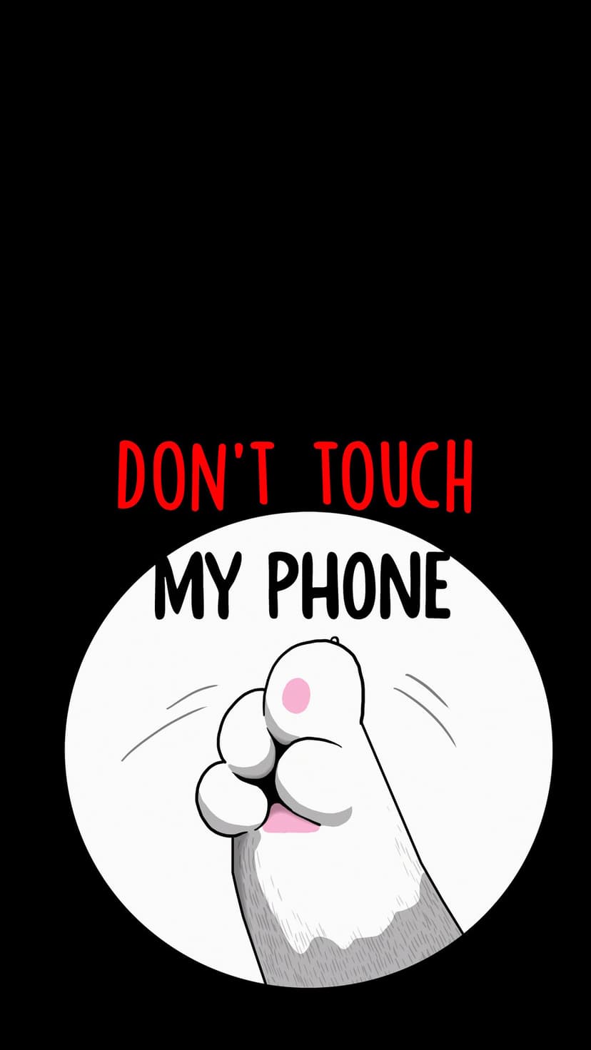 Fluffy cat paw points toward bold red text stating don't touch my phone over a minimalist mobile background.