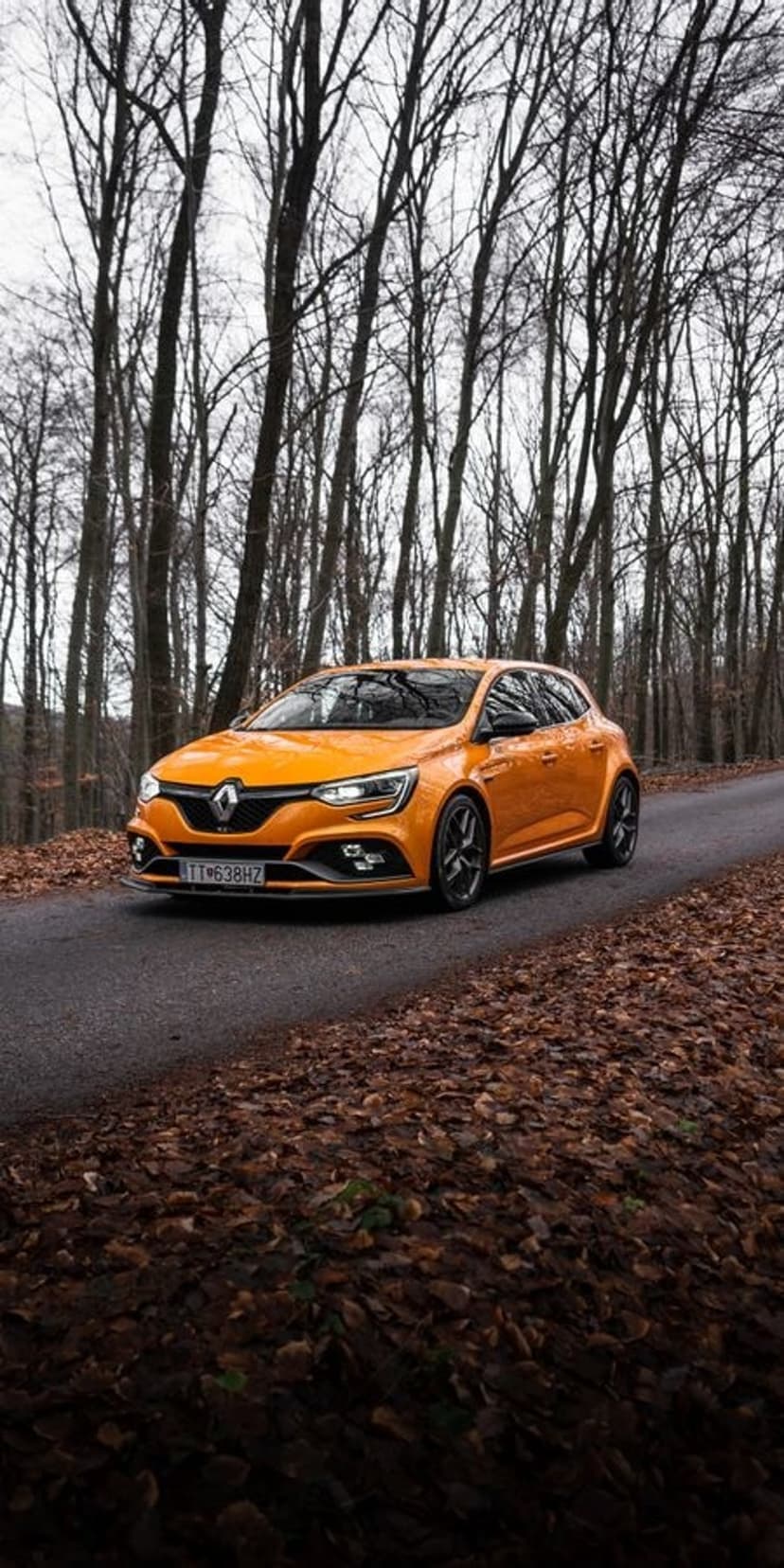 Orange Renault Megane RS on an asphalt road covered in brown autumn leaves within a dense forest of bare trees.