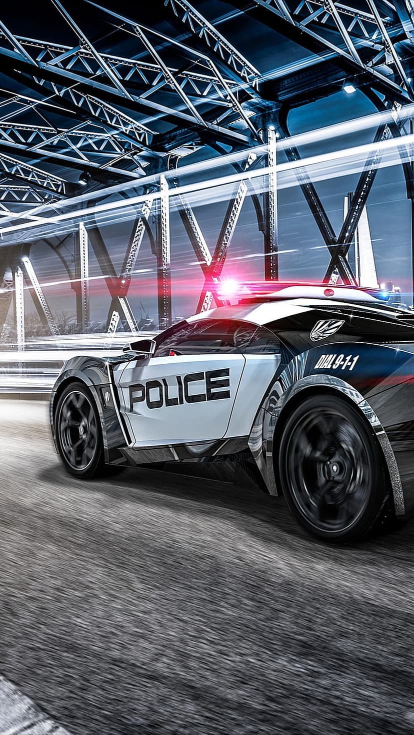 Futuristic police car with flashing red and blue lights speeds under a metal bridge with motion blur effects.