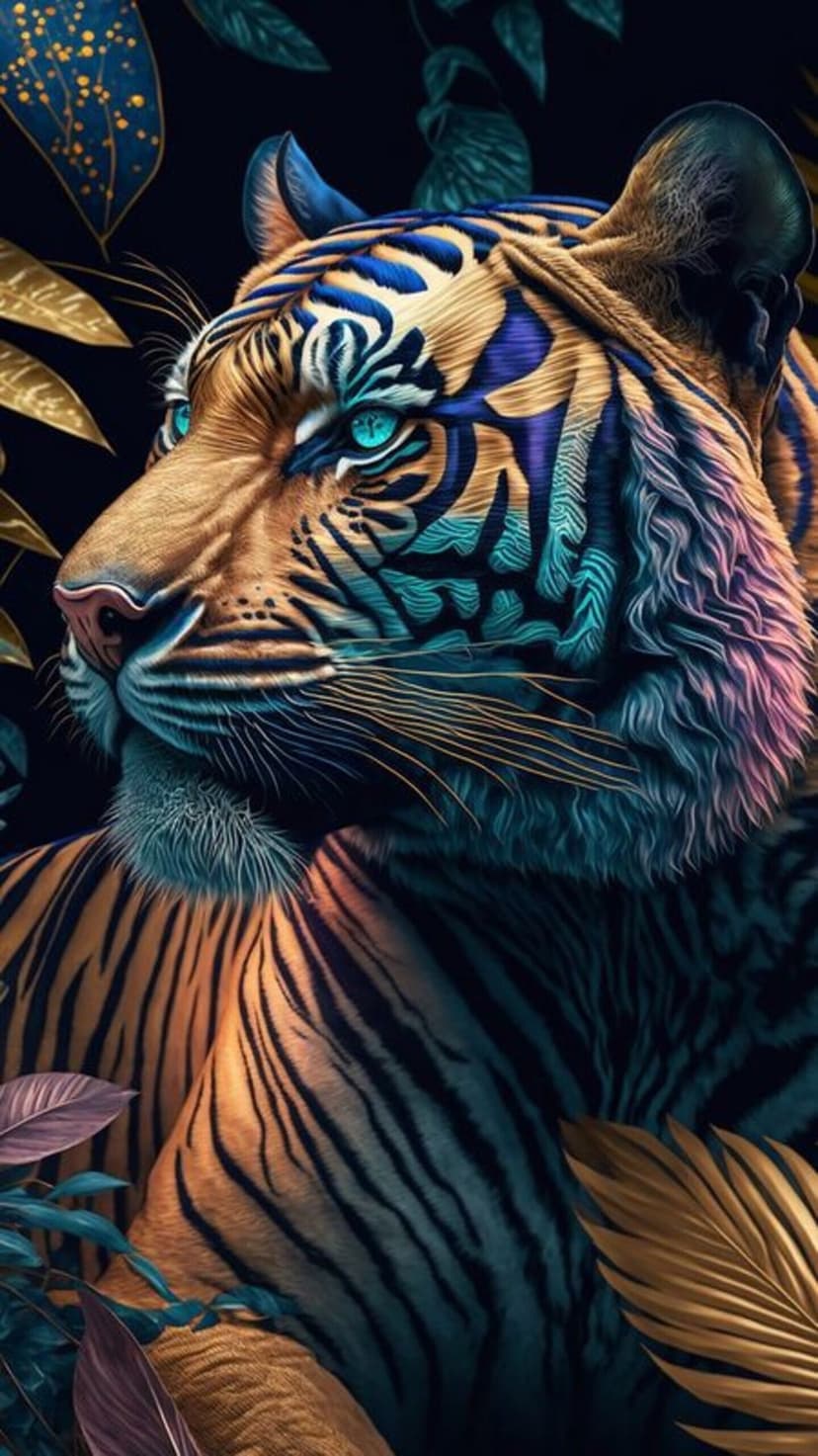 Blue-striped tiger staring forward through dense golden and green jungle foliage in a dark forest setting.