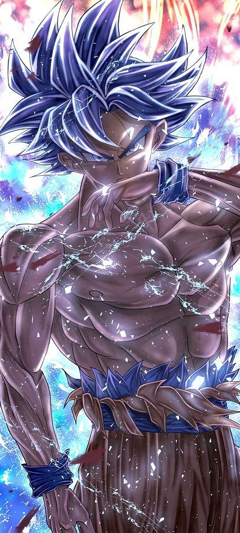 Goku stands focused with silver hair and a luminous blue energy aura surging around his muscular frame.