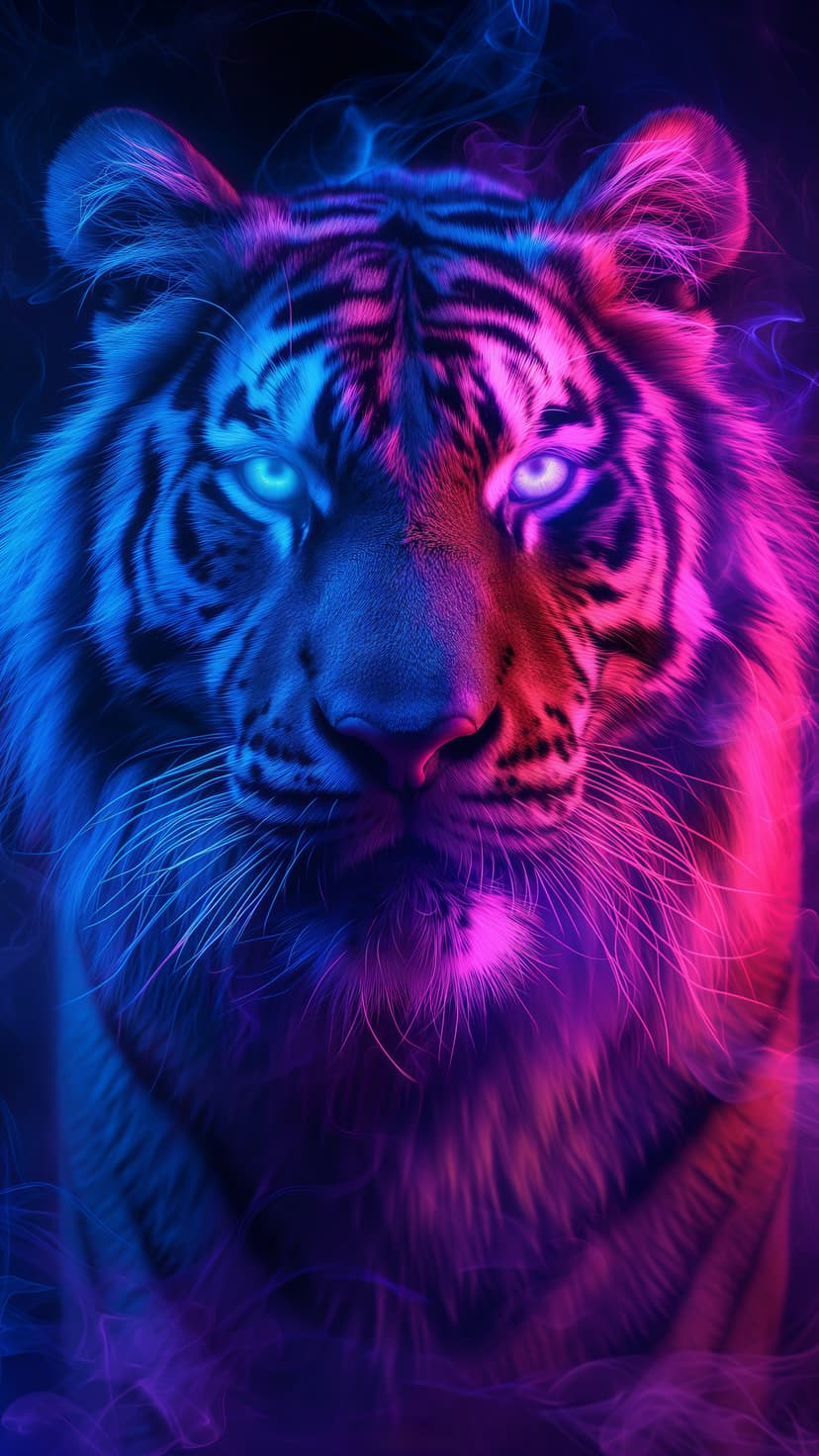 Tiger with glowing blue and pink fur stares intensely through a dark, misty background with neon accents.