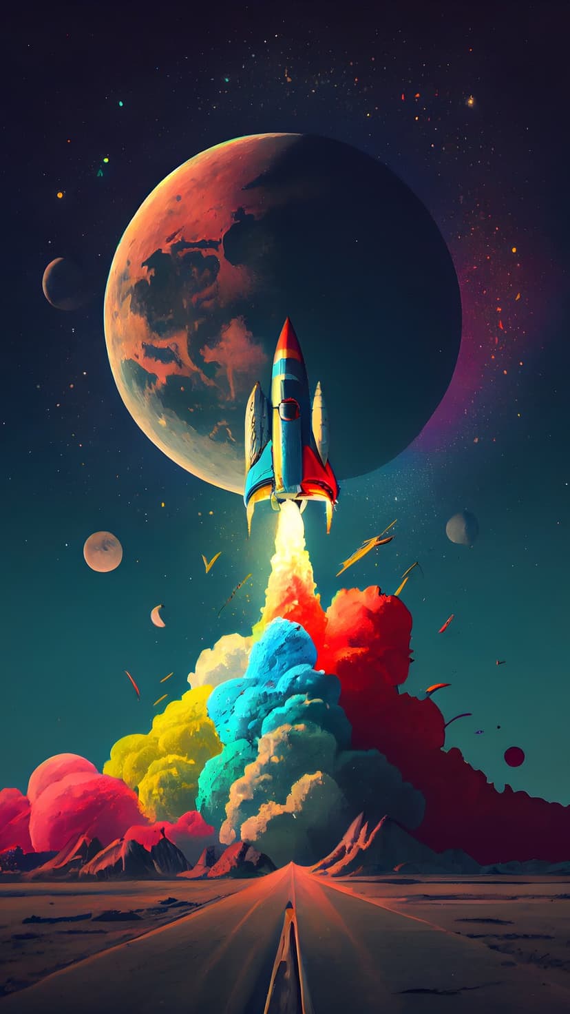 Vintage rocket with yellow exhaust plumes ascending past a large textured planet and colorful nebulous clouds.