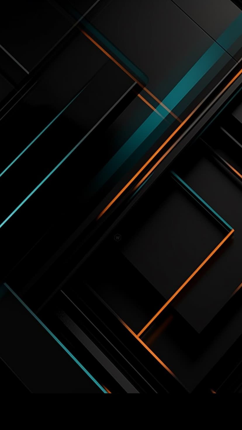 Sharp geometric shapes and glowing neon blue and orange lines create a dark, futuristic abstract pattern.